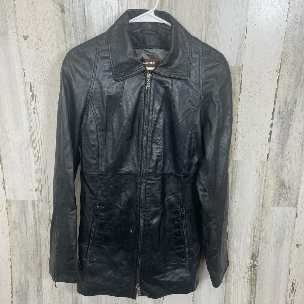 DANIER‎ Vintage Leather Jacket Size S Black Biker Moto Two Way Zipper Grunge